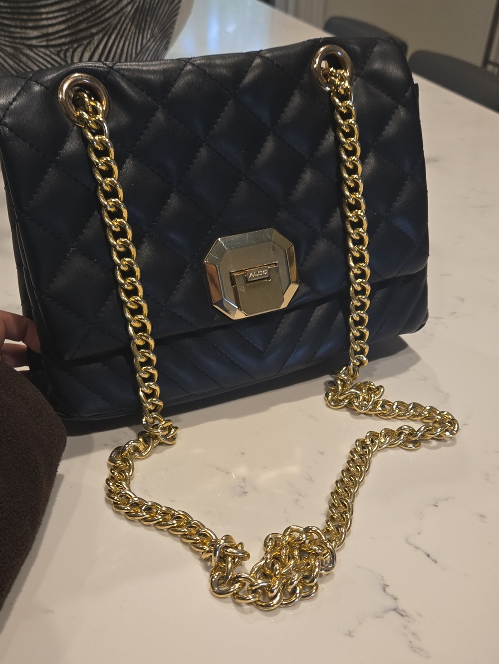 Aldo Black Quilted Shoulder Bag with Gold Chain